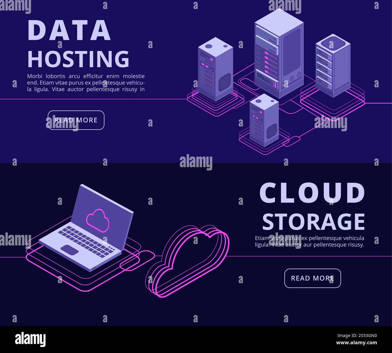 Personal data protection, hosting solutions, computer synchronization, data networking vector banners set with isometric computers. Server database cloud, service protection web info illustration. Personal data protection, hosting solutions, computer synchronization, data networking vector banners set with isometric computers Stock Vector