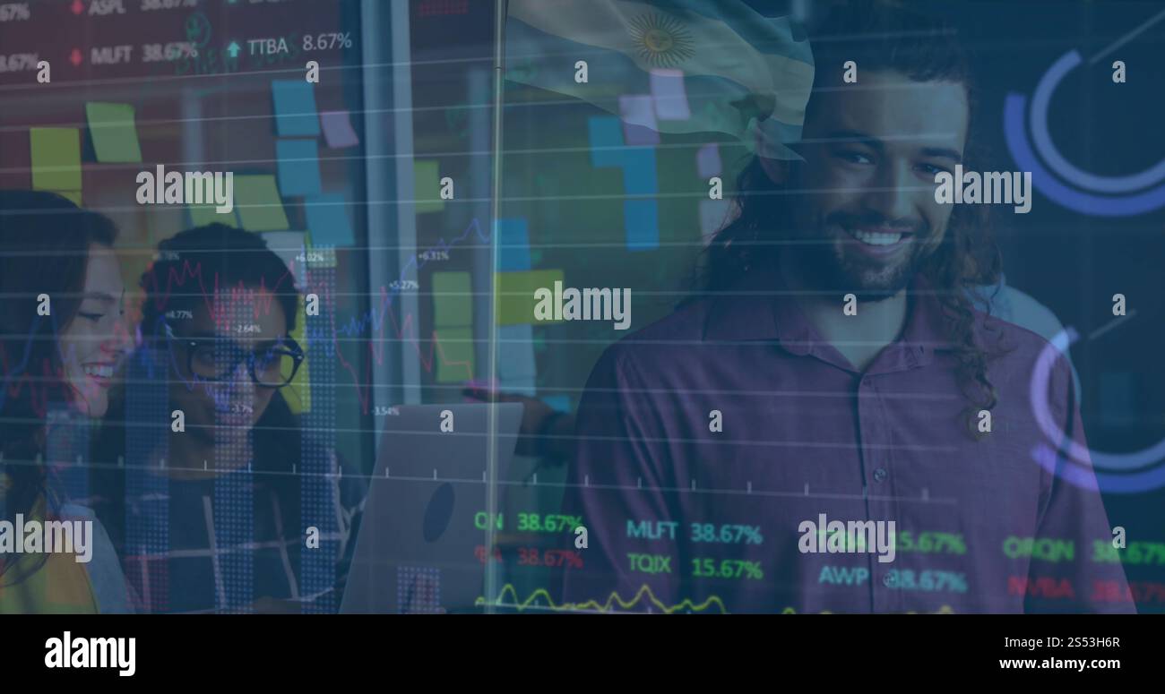 Image of data processing and diagrams over diverse business people ...
