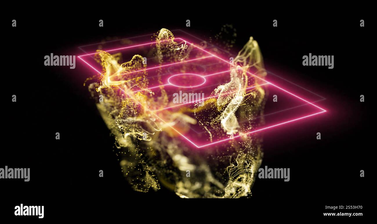Image of network of yellow particles floating over pink neon basketball ...