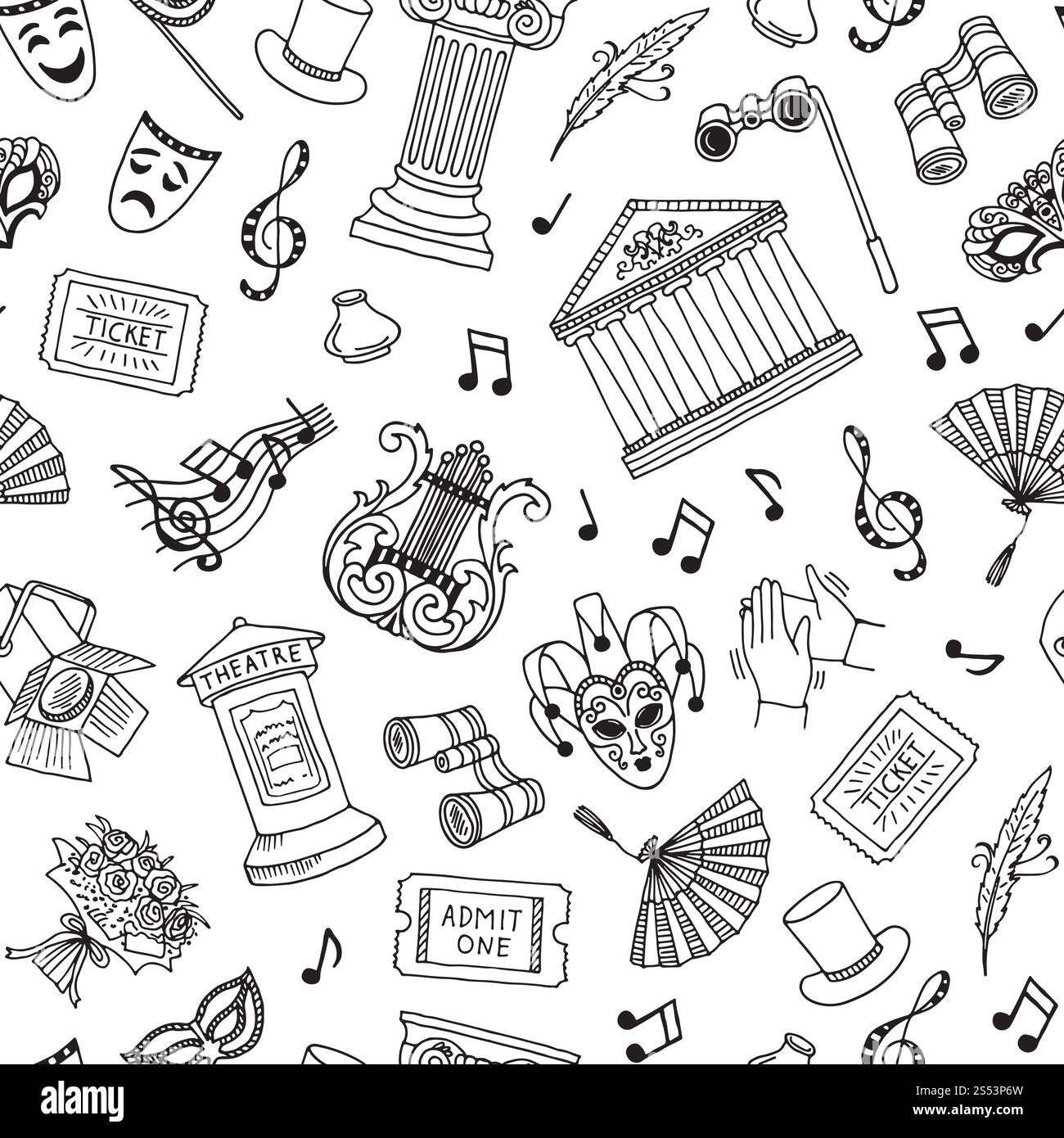 Vector seamless pattern or background illustration with doodle theatre elements. Vector pattern background illustration doodle theatre elements Stock Vector