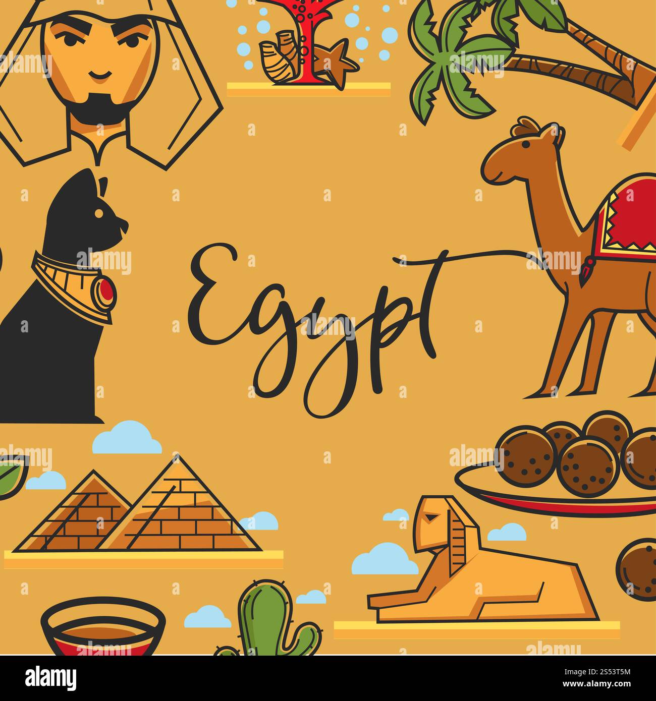 Egypt travel poster of Egyptian landmark symbols and famous sightseeing attractions. vector Egyptian pyramids and Pharao cat or Sphinx, falafel food Stock Photo