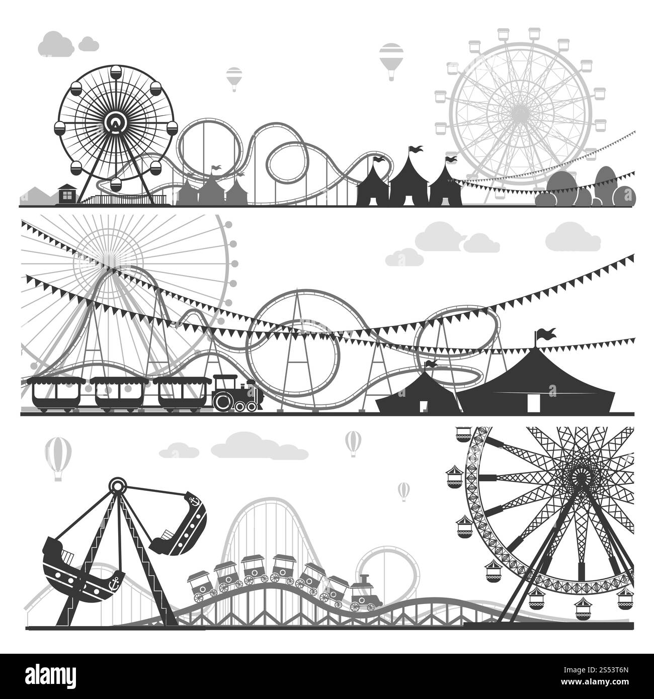 Amusement parks with huge ferris wheels, exciting roller coasters with dangerous loops, tents with flags on roof and unusual swings cartoon monochrome Stock Photo