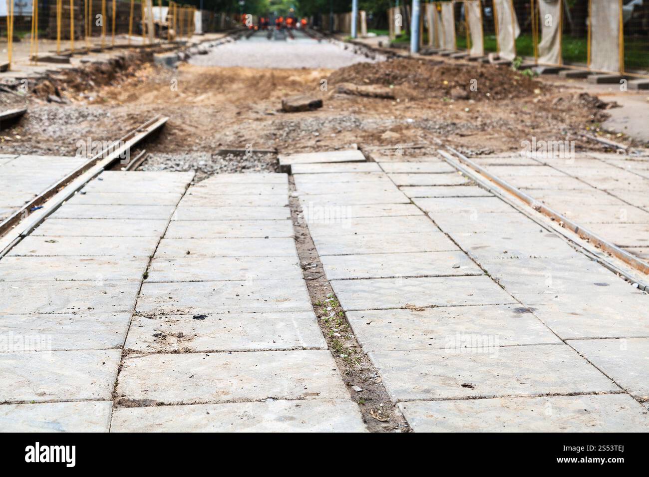 repair of tram tracks in Moscow city - the end of disassembled tram road Stock Photo