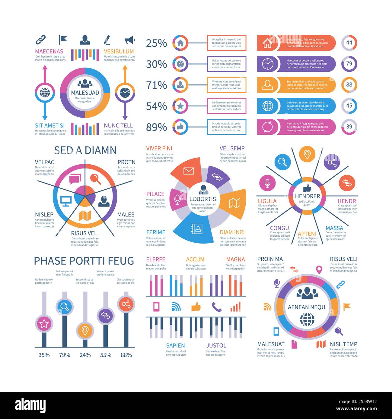 Financial infographic. Business bar graph and flow chart, economic diagram circle charts with icons. Presentation vector infographics. Diagram and Stock Photo