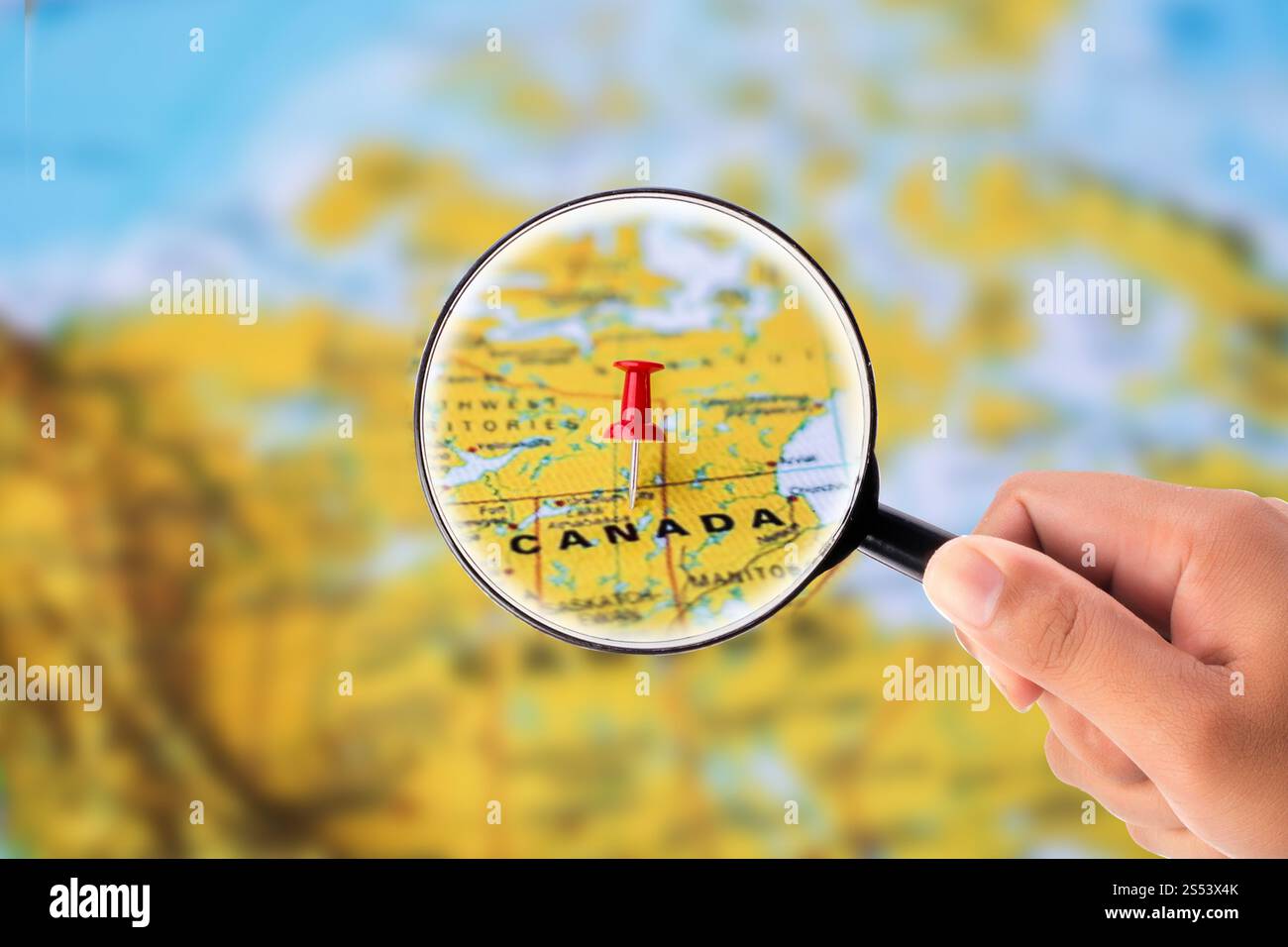 Hand holding magnifying glass Stock Photo