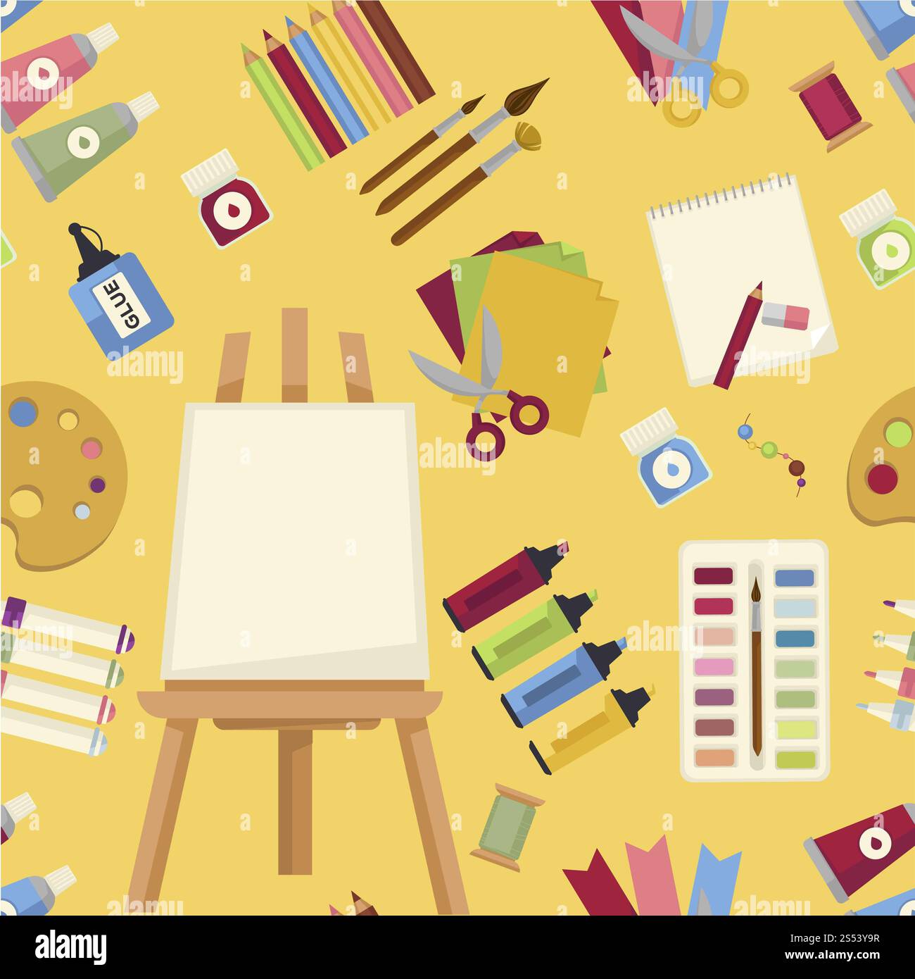 Art creation special equipment to paint and draw seamless pattern. Material to make picture, to draw sketches and to fold origami together with Stock Photo