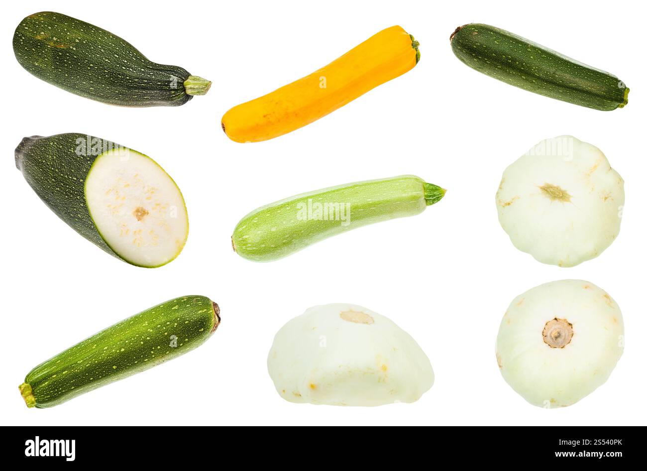 various squashes, marrow and zucchini isolated on white background Stock Photo