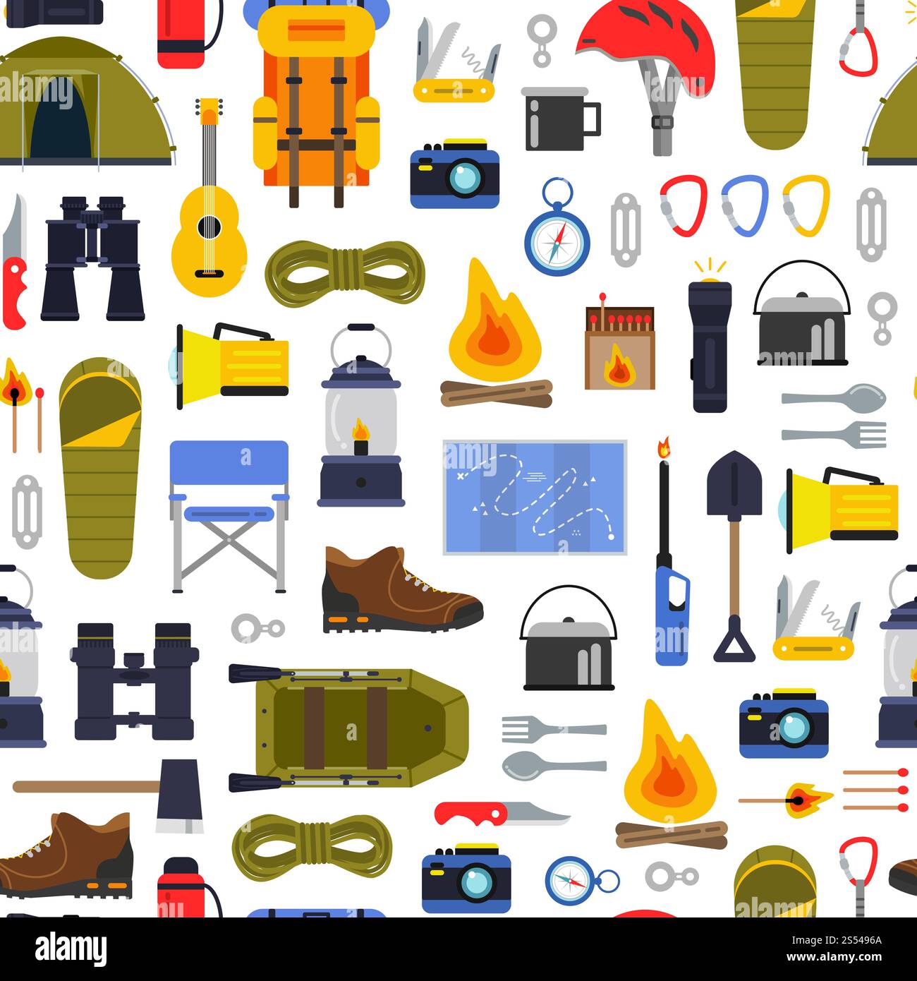 Vector colored flat style camping elements of set pattern or background ...