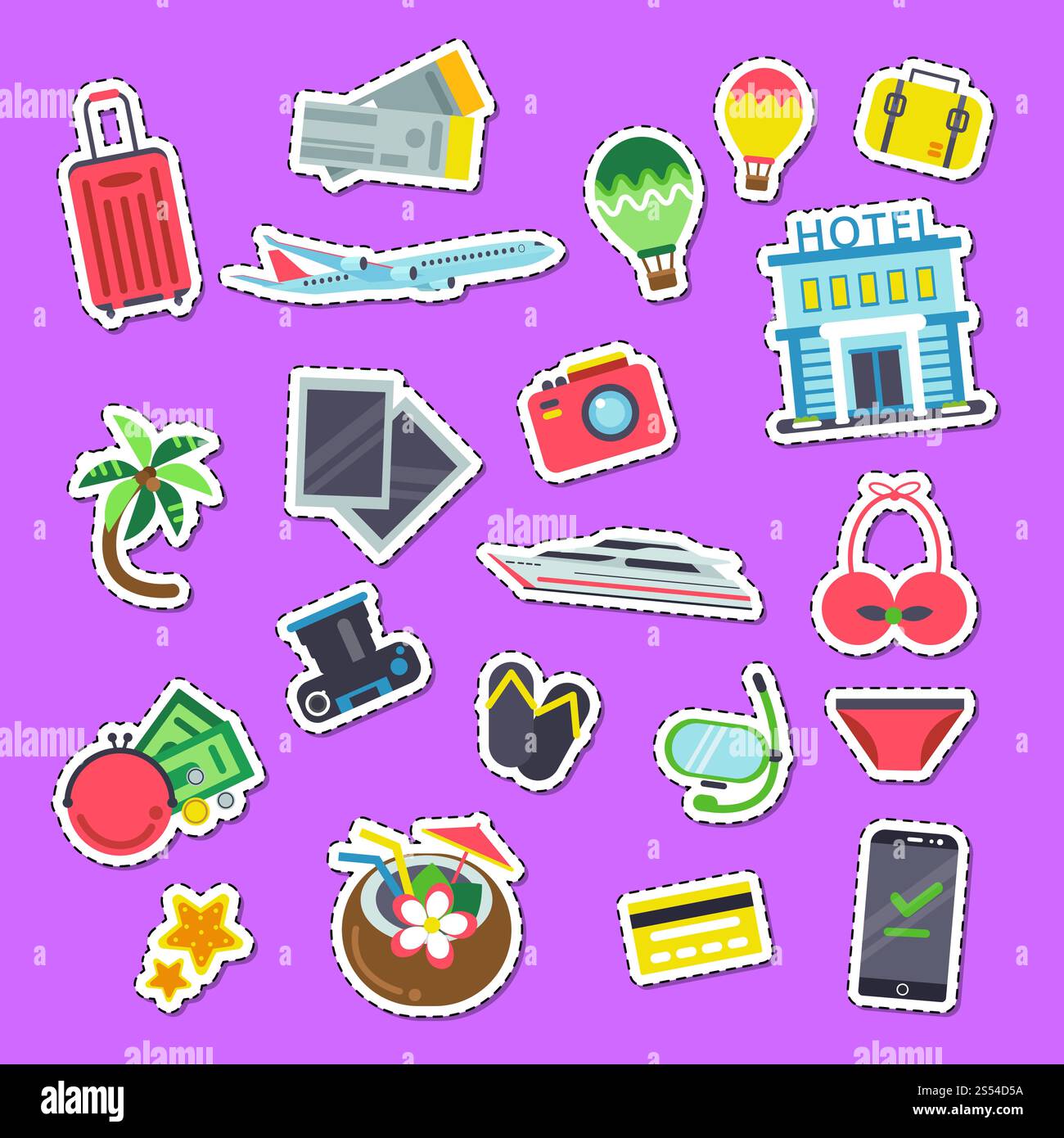 Vector set of flat travel and holiday elements stickers colored ...
