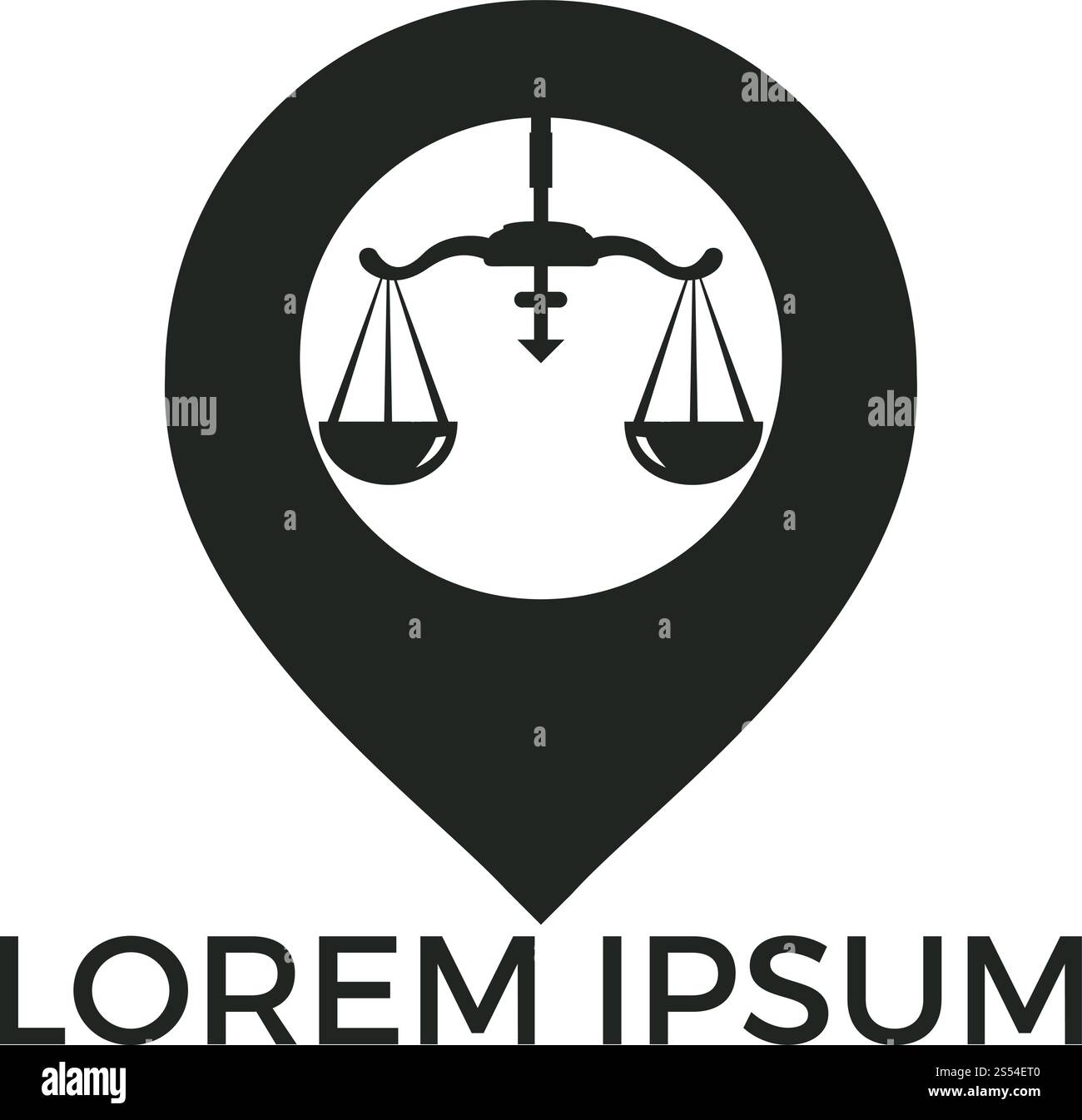 Libra and map pointer logo design. Unique law and pin logotype design template. Stock Vector
