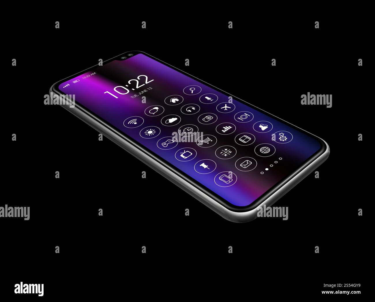 All screen digital realistic smartphone with icon set isolated on black ...