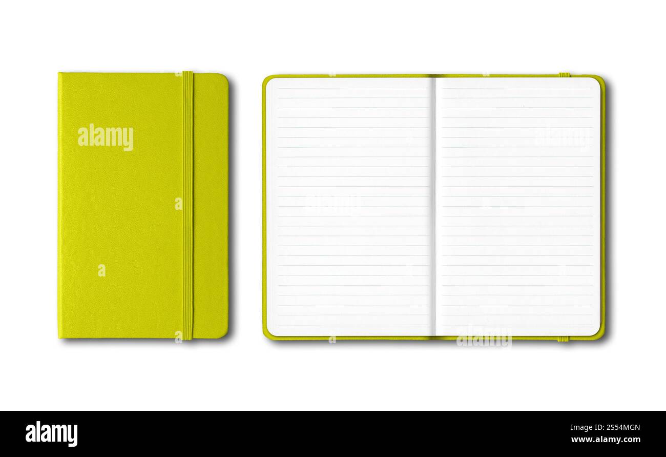 Lime green closed and open lined notebooks mockup isolated on white. Lime green closed and open lined notebooks isolated on white Stock Photo