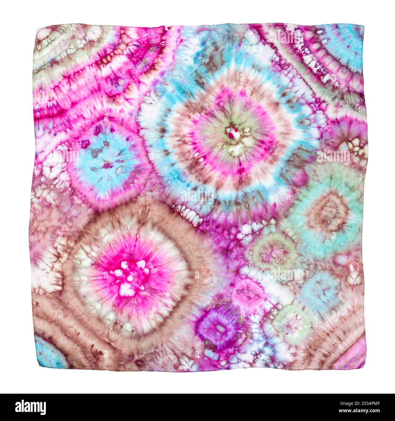 square head scarf with abstract bright pattern in tie-dye batik technique isolated on white background. square head scarf with bright pattern isolated Stock Photo