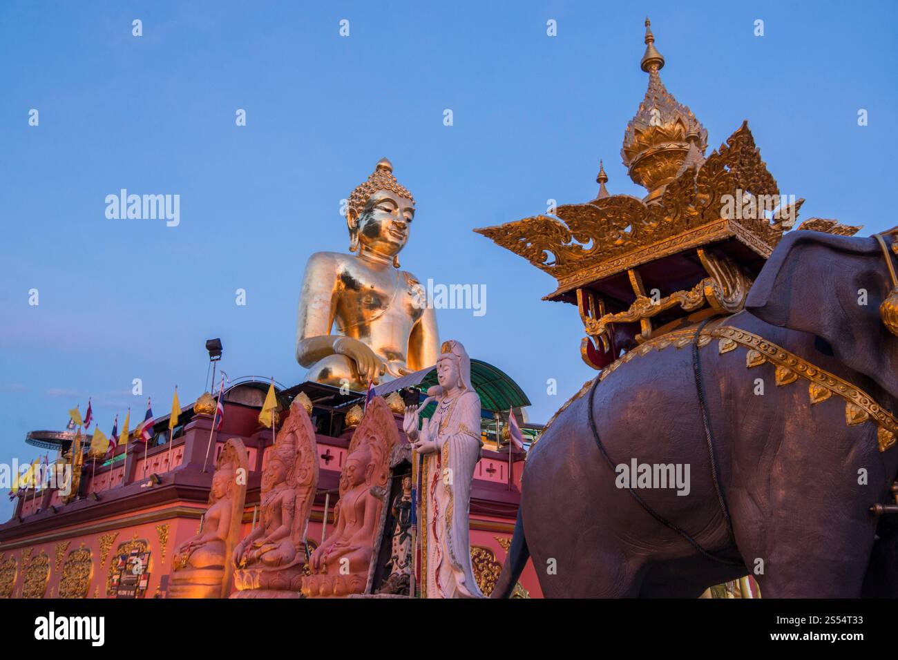 the Giant Buddha on the Dragon Boat Temple at the Mekong River in the town of Sop Ruak in the golden triangle in the north of the city Chiang Rai in N Stock Photo