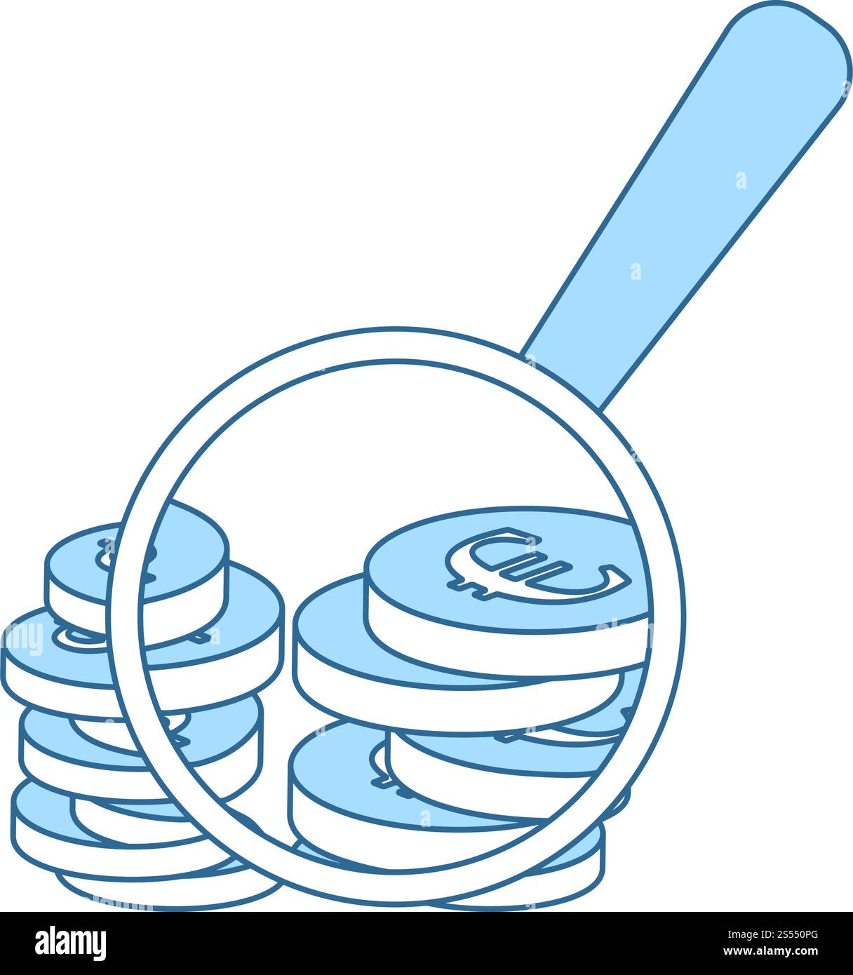 Magnifying Over Coins Stack Icon. Thin Line With Blue Fill Design. Vector Illustration. Stock Vector