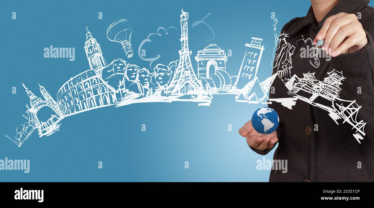 businesswoman draws dream travel around the world Stock Photo