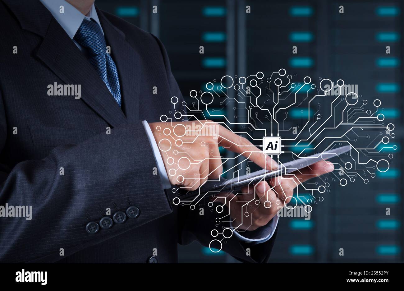 businessman hand using tablet computer and server room background Stock Photo