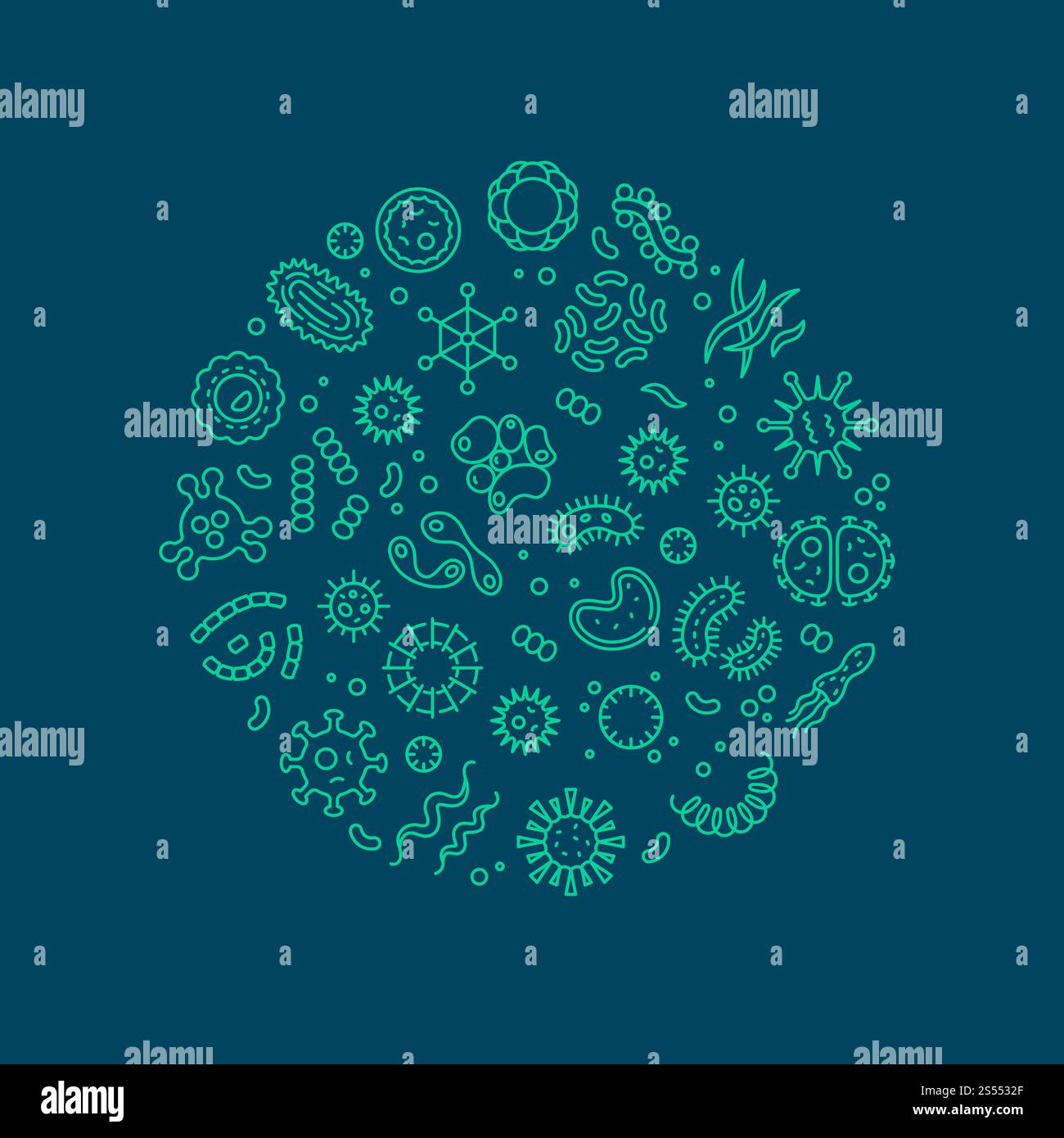 Microbes, viruses, bacteria, microorganism cells and primitive organism line vector concept. Virus cell and microbe, bacteria organism, medical microscopic illustration. Microbes, viruses, bacteria, microorganism cells and primitive organism line vector concept Stock Vector