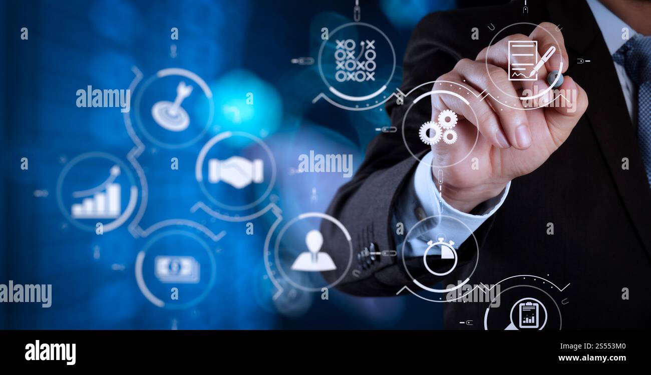 Business process management with workflow automation diagram and gears in virtual flowchart.businessman working with new computer screen interface Stock Photo
