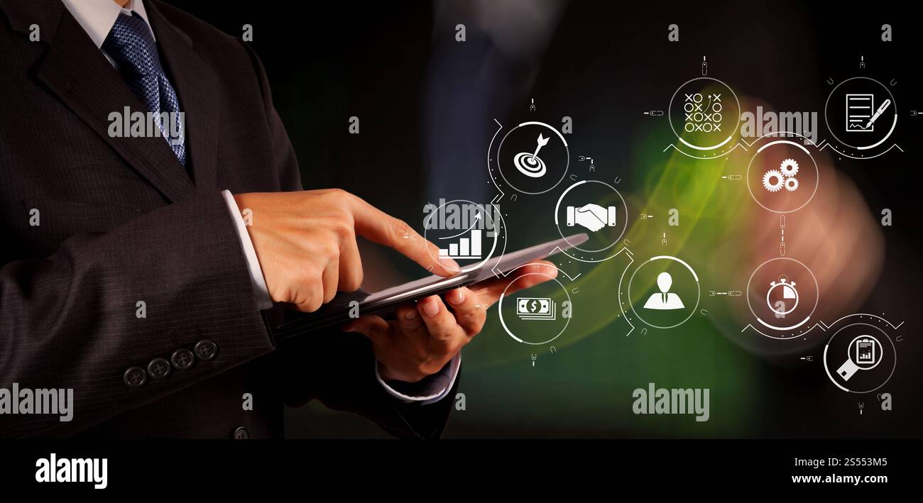 Business process management with workflow automation diagram and gears in virtual flowchart.businessman success working computer touch screen with Stock Photo