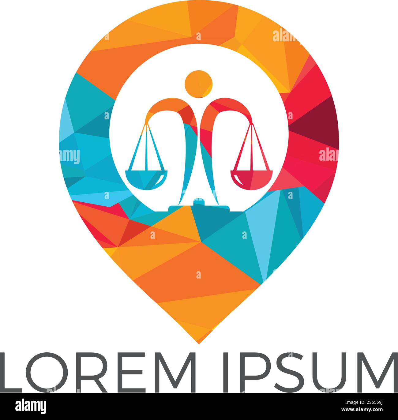 Libra and map pointer logo design. Unique law and pin logotype design template. Stock Vector