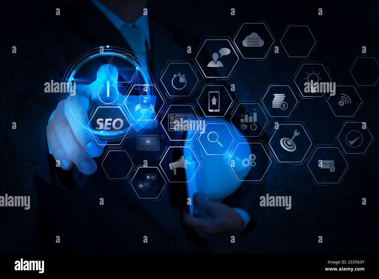 Seo Optimization for website with mobile website and Landing page virtual diagram.engineer pushing start button on touch screen computer interface Stock Photo