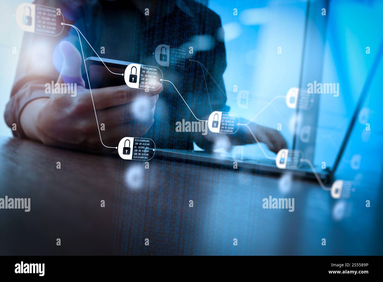 Blockchain technology concept with diagram of chain and encrypted ...