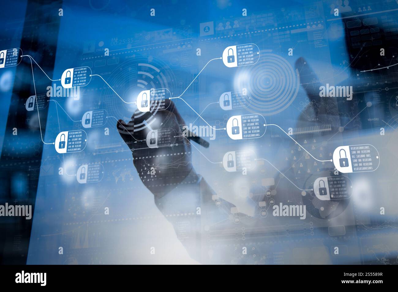 Blockchain technology concept with diagram of chain and encrypted ...
