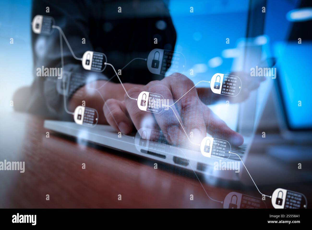 Blockchain technology concept with diagram of chain and encrypted ...