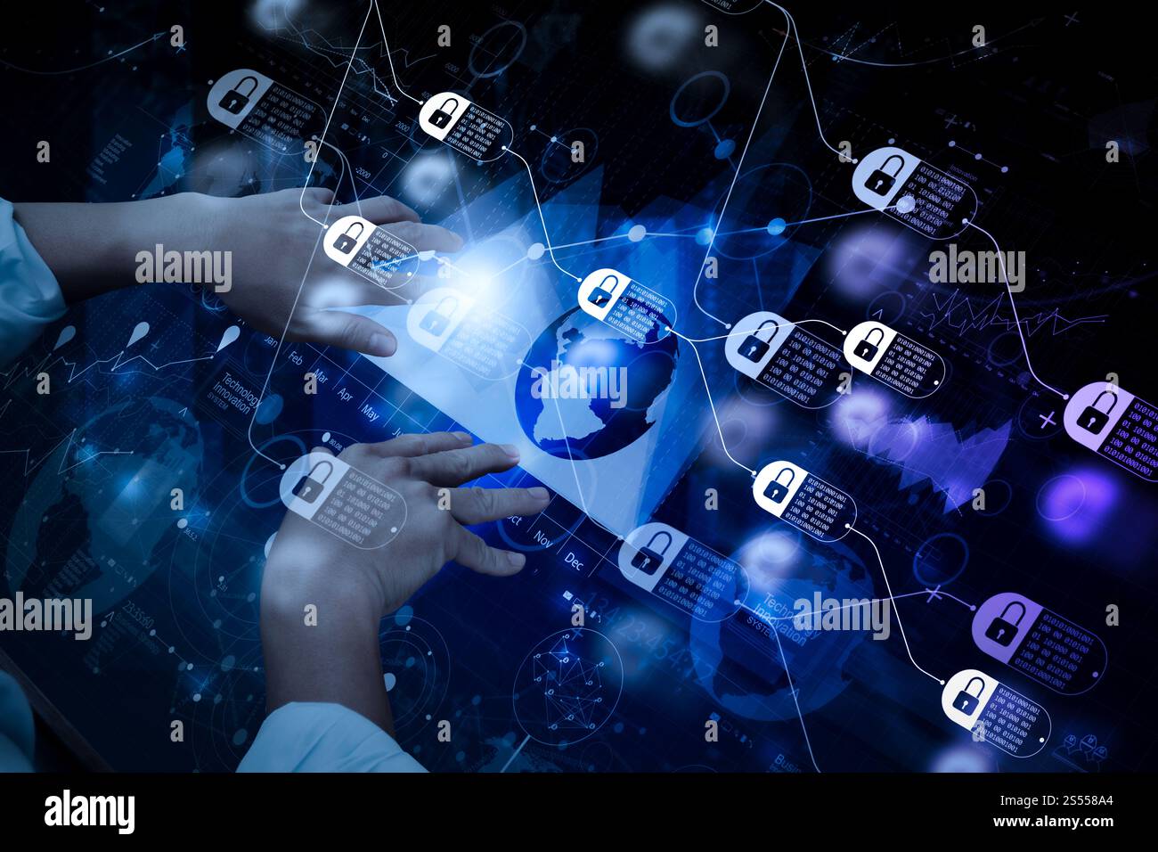 Blockchain technology concept with diagram of chain and encrypted ...