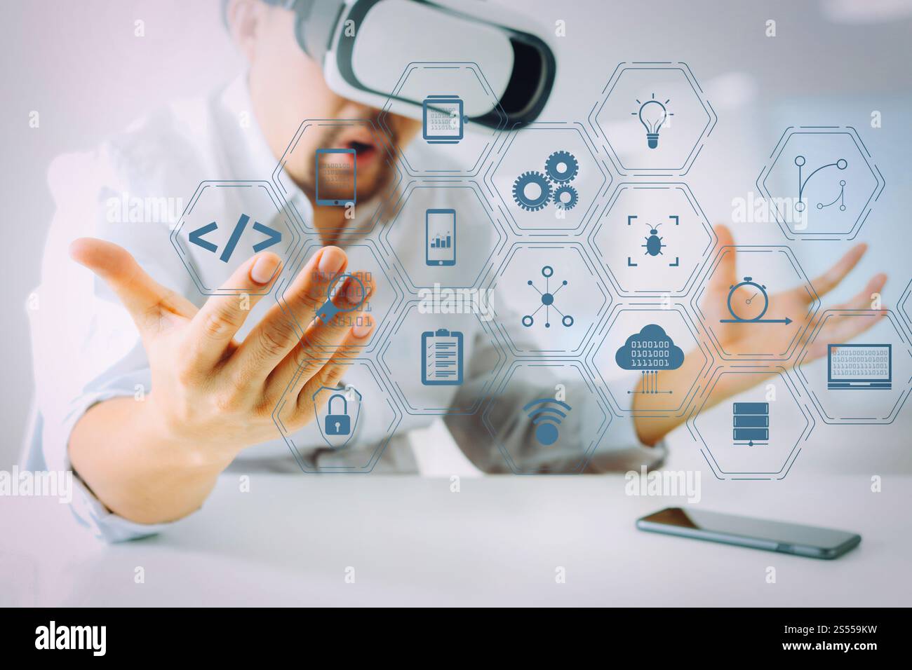 Coding software developer work with augmented reality dashboard ...