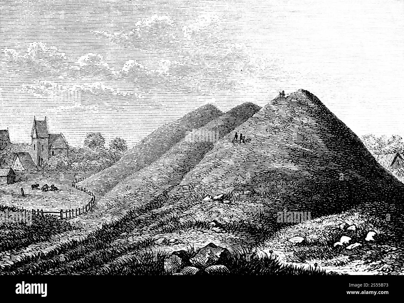 Three hills near Upsala under which Odin, Thor and Freya from Norse mythology are said to be buried, burial site, church, rural landscape, archaeology Stock Photo