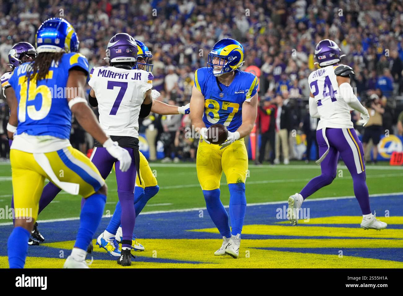 Los Angeles Rams tight end Davis Allen (87) reacts to his 13yard