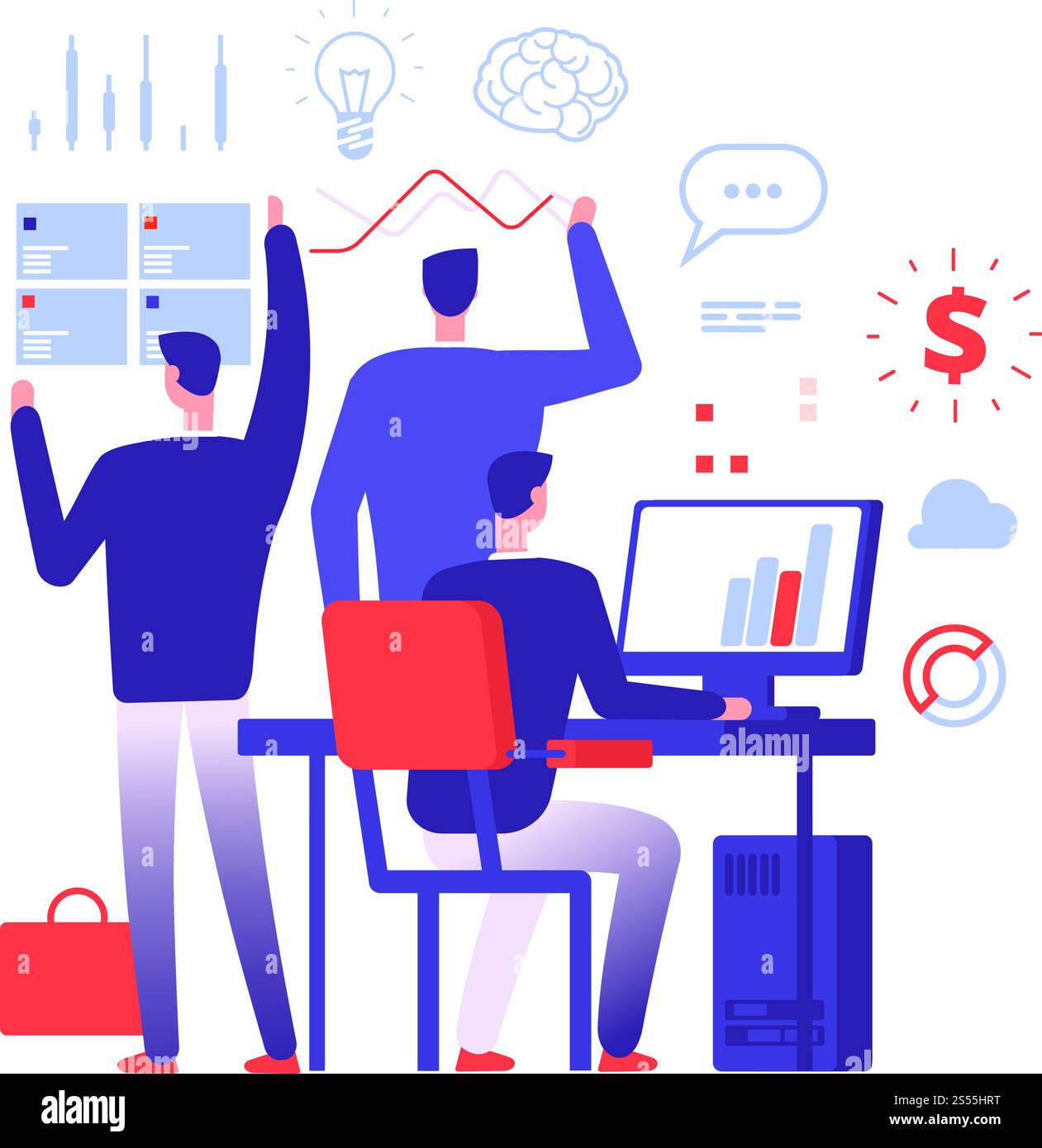 Multitasking manager. Businessman in different business action solving urgent tasks. Project management vector concept. Illustration of businessman manager success, leadership multi-tasking. Multitasking manager. Businessman in different business action solving urgent tasks. Project management vector concept Stock Vector