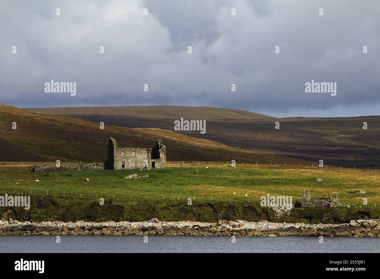 Coastal scenery with ruined frmhouse, Unst Island, Shetland, Scotland ...