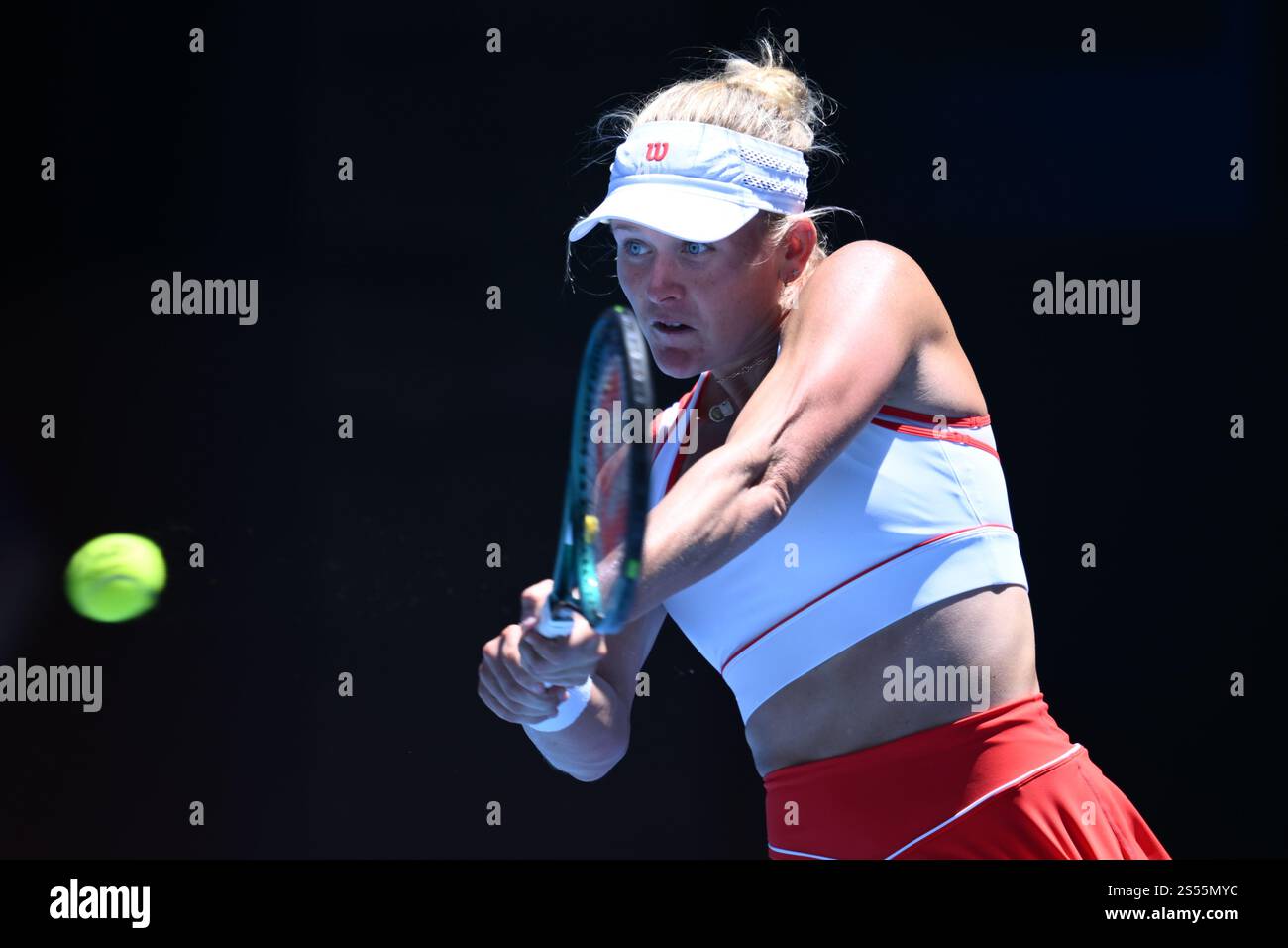 Peyton Stearns of USA returns during her round 1 match against Emma