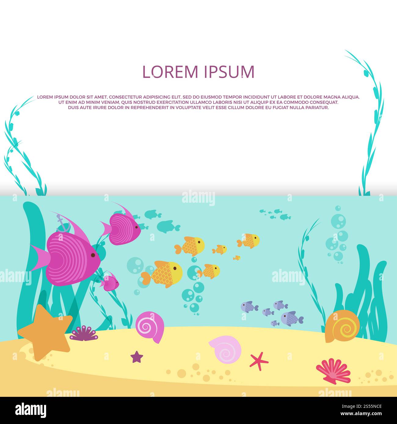 Vector underwater life with colored fish cartoon banner and poster ...