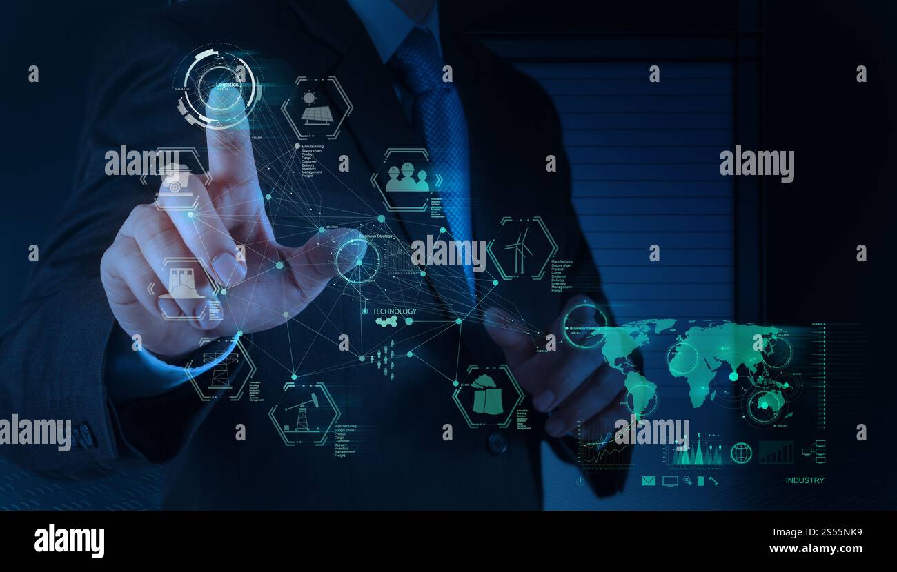business engineer hand works industry diagram on virtual computer as ...