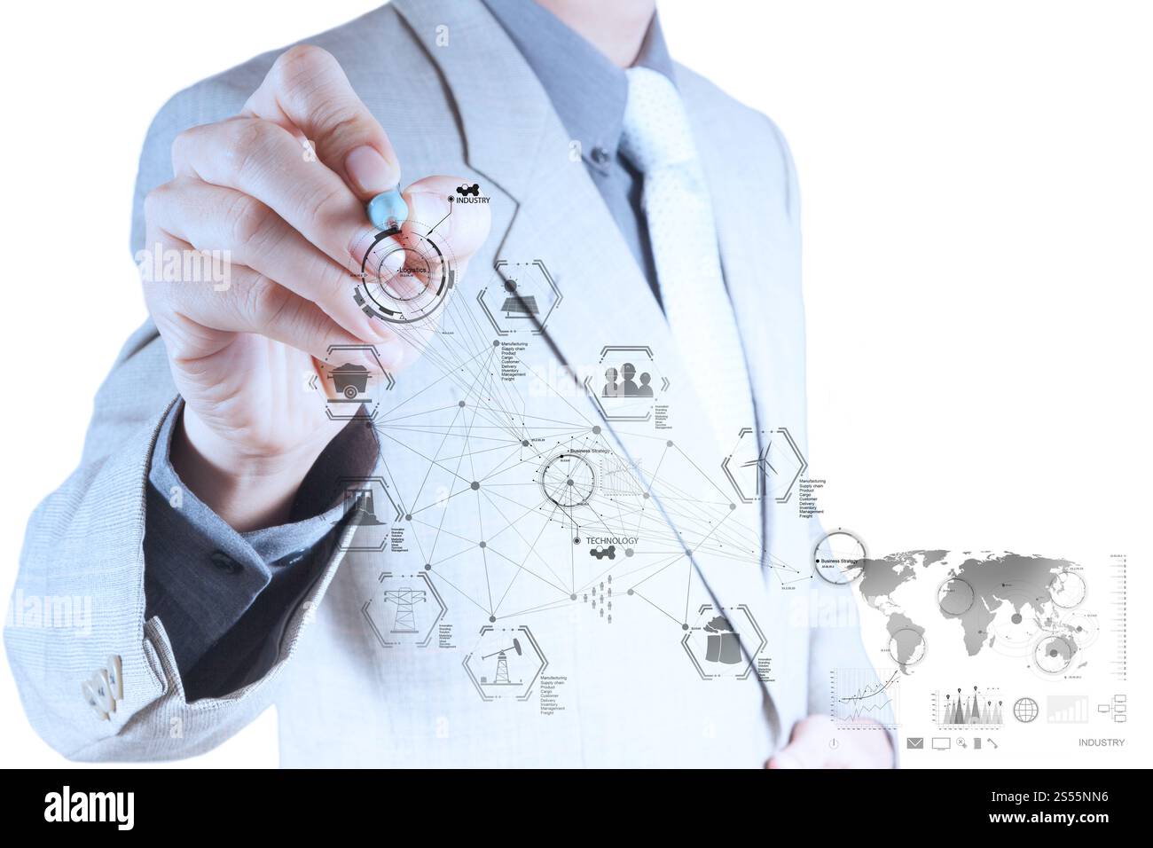 business engineer hand works industry diagram on virtual computer as ...