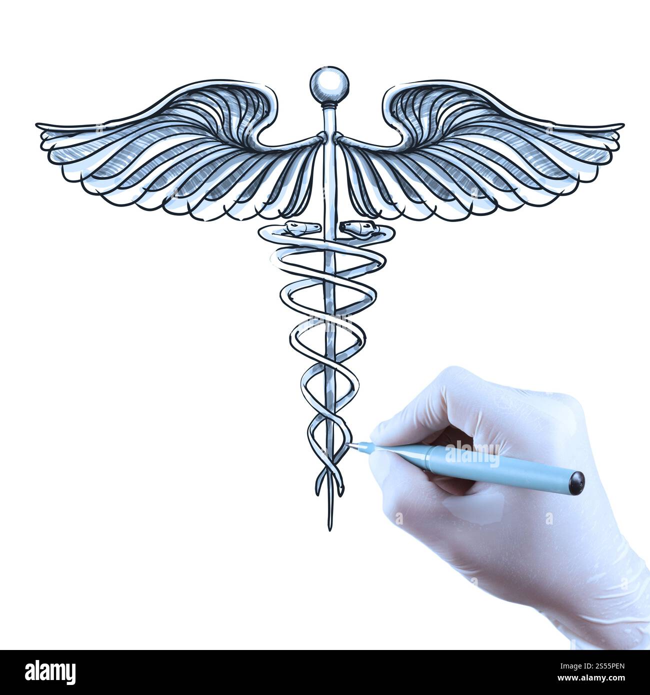 Doctor Hand Drawing doctor hand draws Caduceus on white board Stock Photo - Alamy