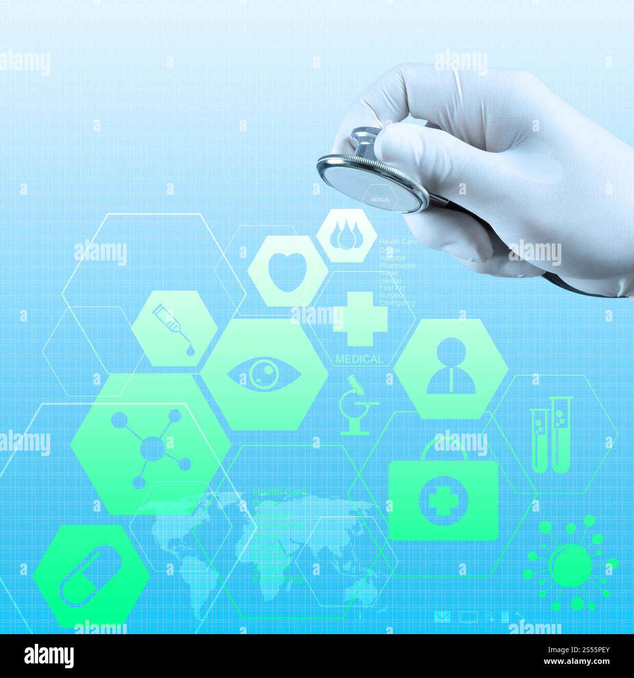 a stethoscope in the hands show medical computer interface as concept ...