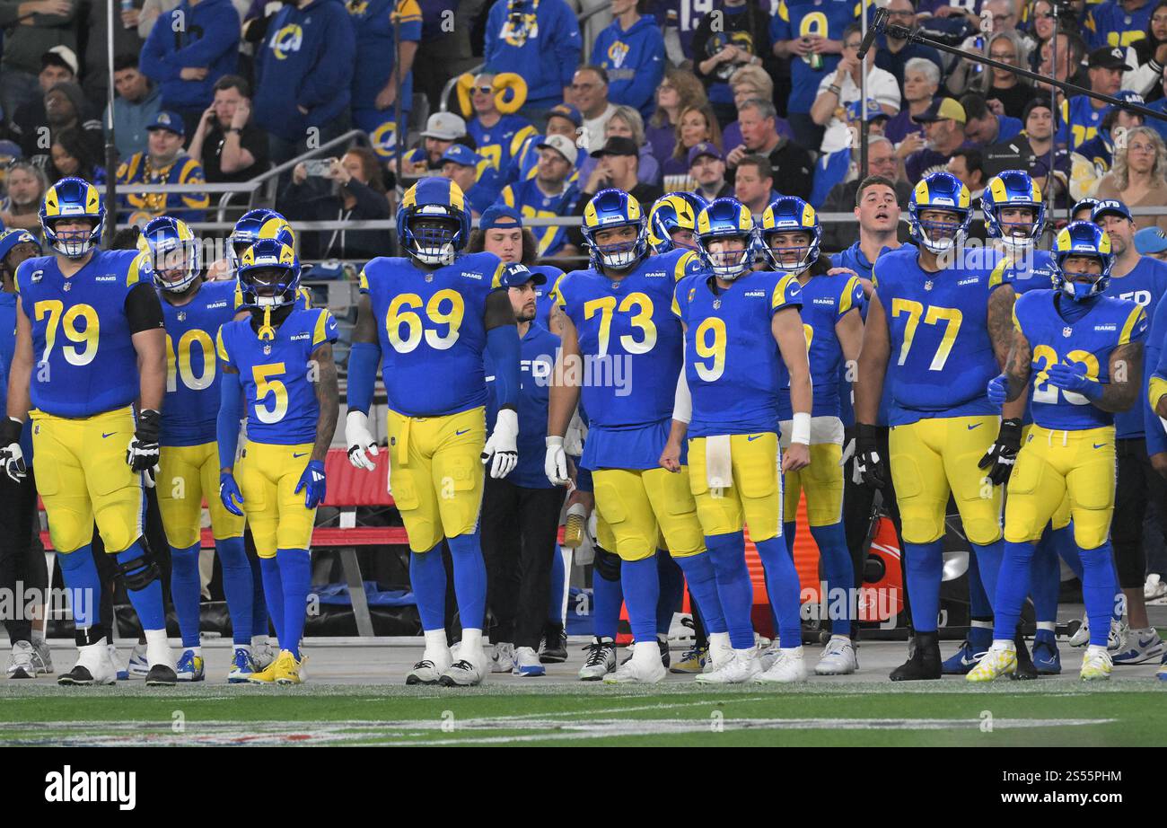 Los Angeles Rams offensive line prepares to take the field in the