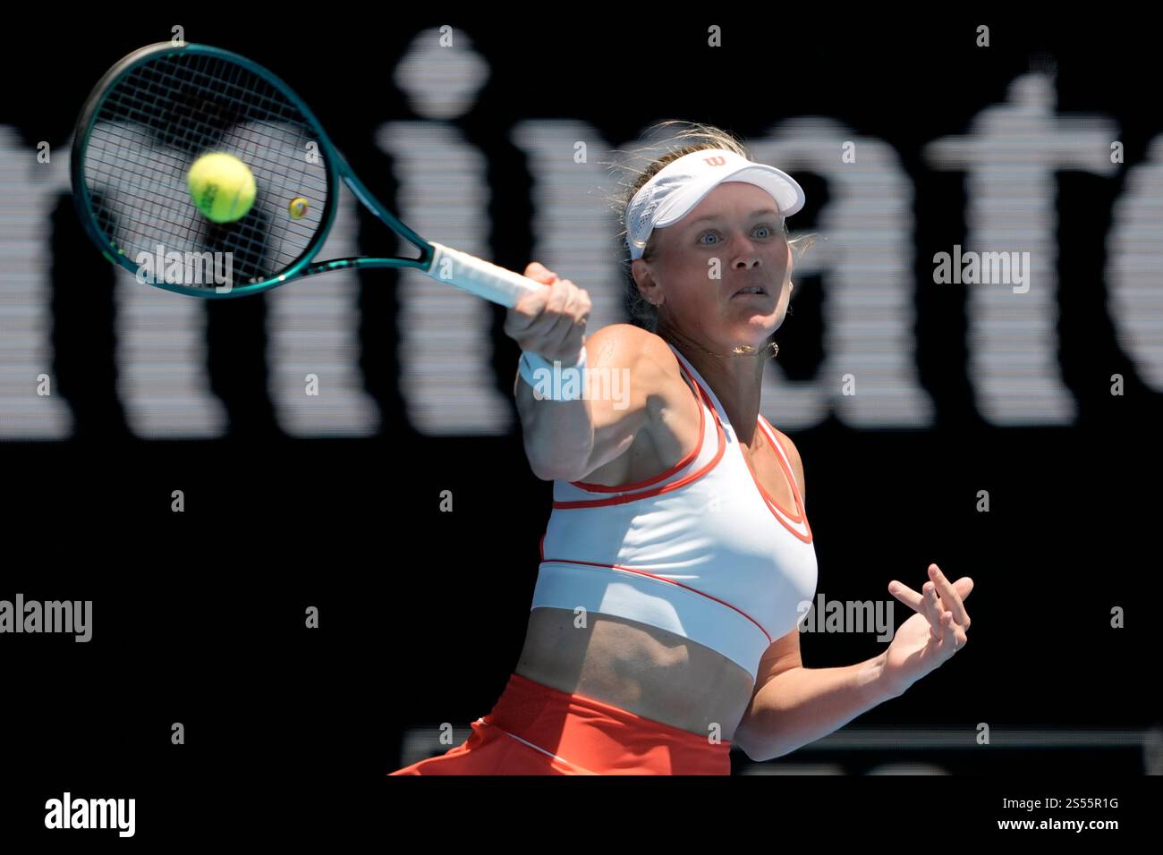 Peyton Stearns of the U.S. plays a forehand return to Emma Navarro of