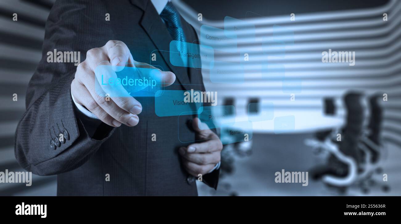 businessman pointing to leadership skill concept on virtual screen as concept Stock Photo