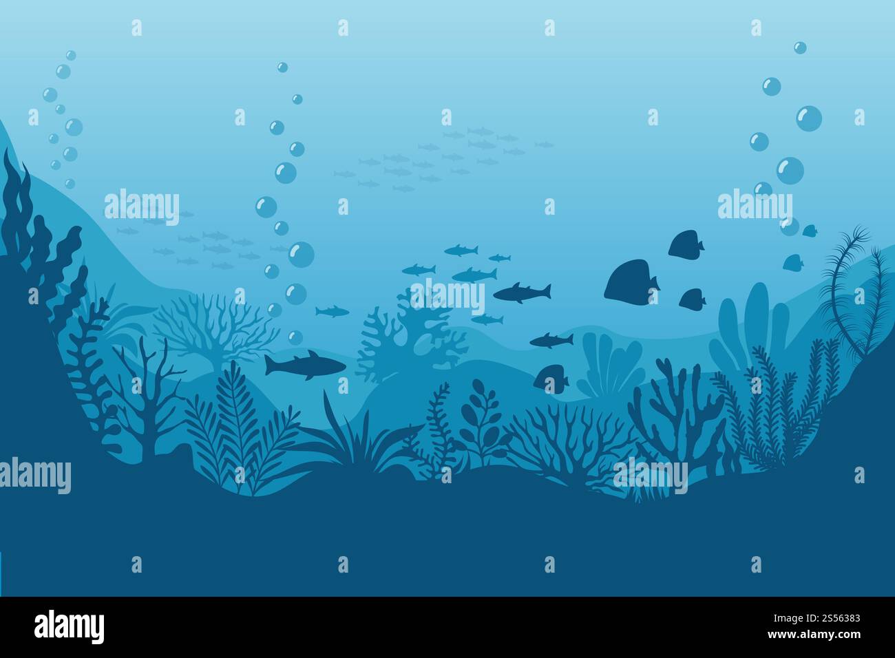 Sea underwater background. Ocean bottom with seaweeds. Vector marine ...