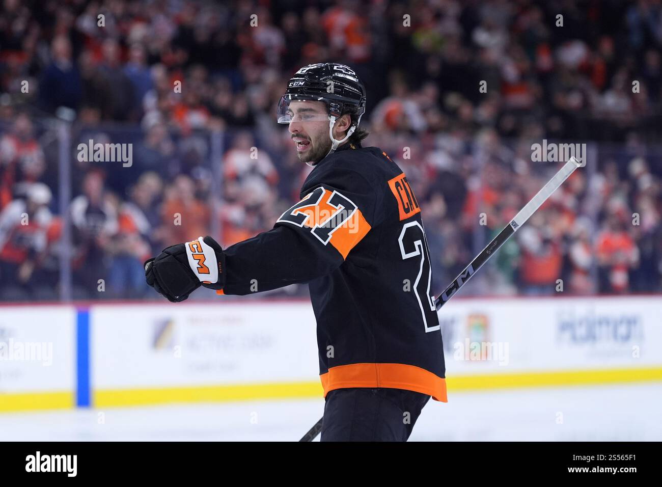 Philadelphia Flyers' Noah Cates celebrates during an NHL hockey game
