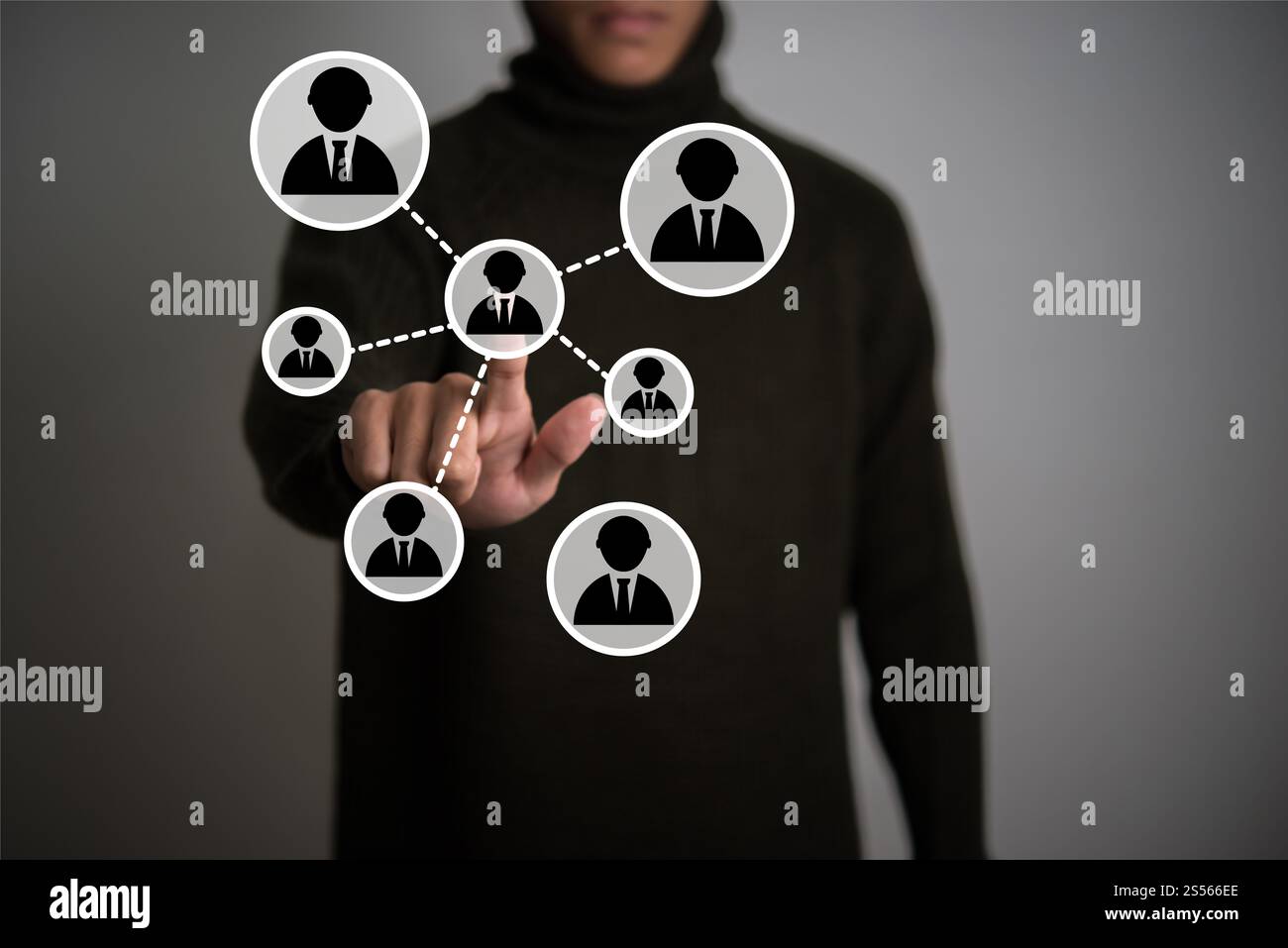 Mans hand with phone circles and integrate people communicate flat icons. Communication technology concept. Stock Photo