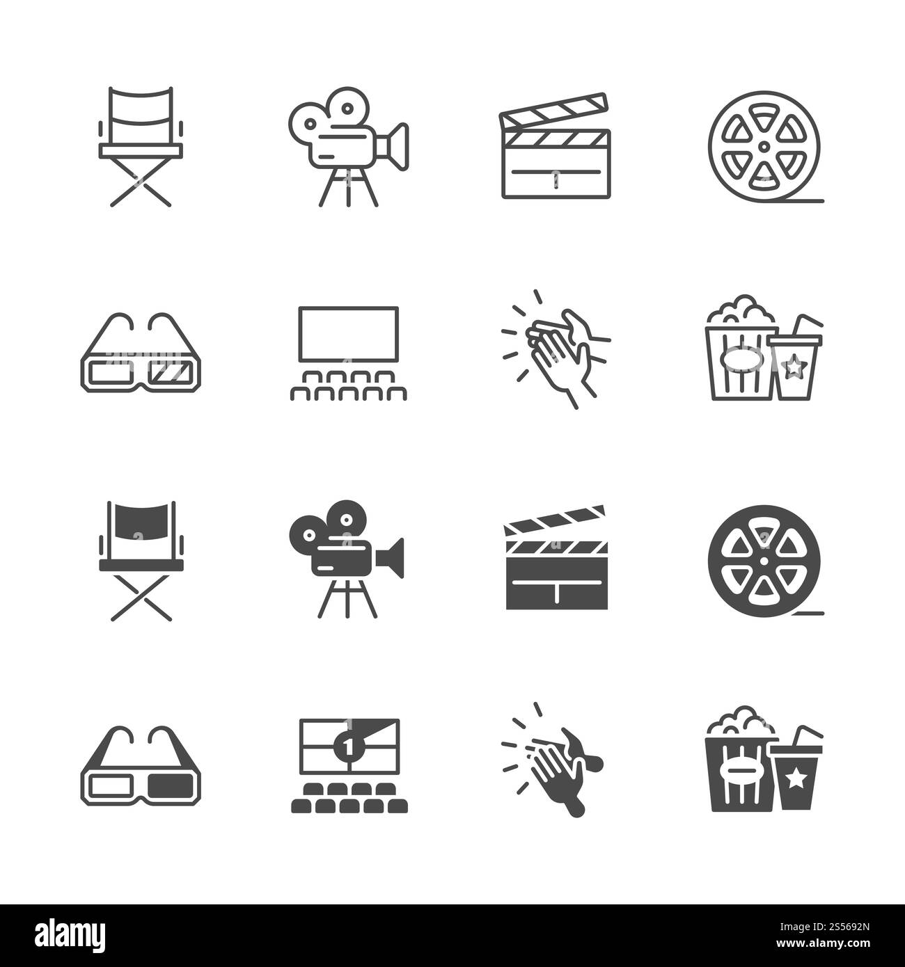 Line and silhouette cinema, movie icons set linear art style. Vector ...