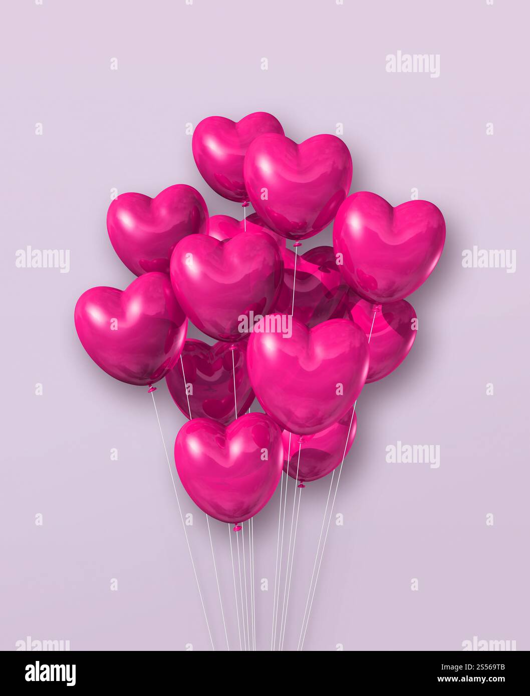 Pink heart shape air balloons group on a light purple background. 3D ...