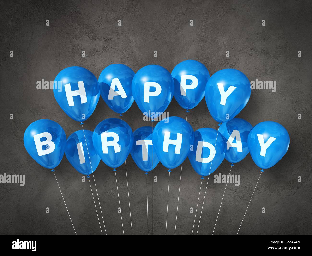 Blue happy birthday air balloons on a concrete background. 3D ...